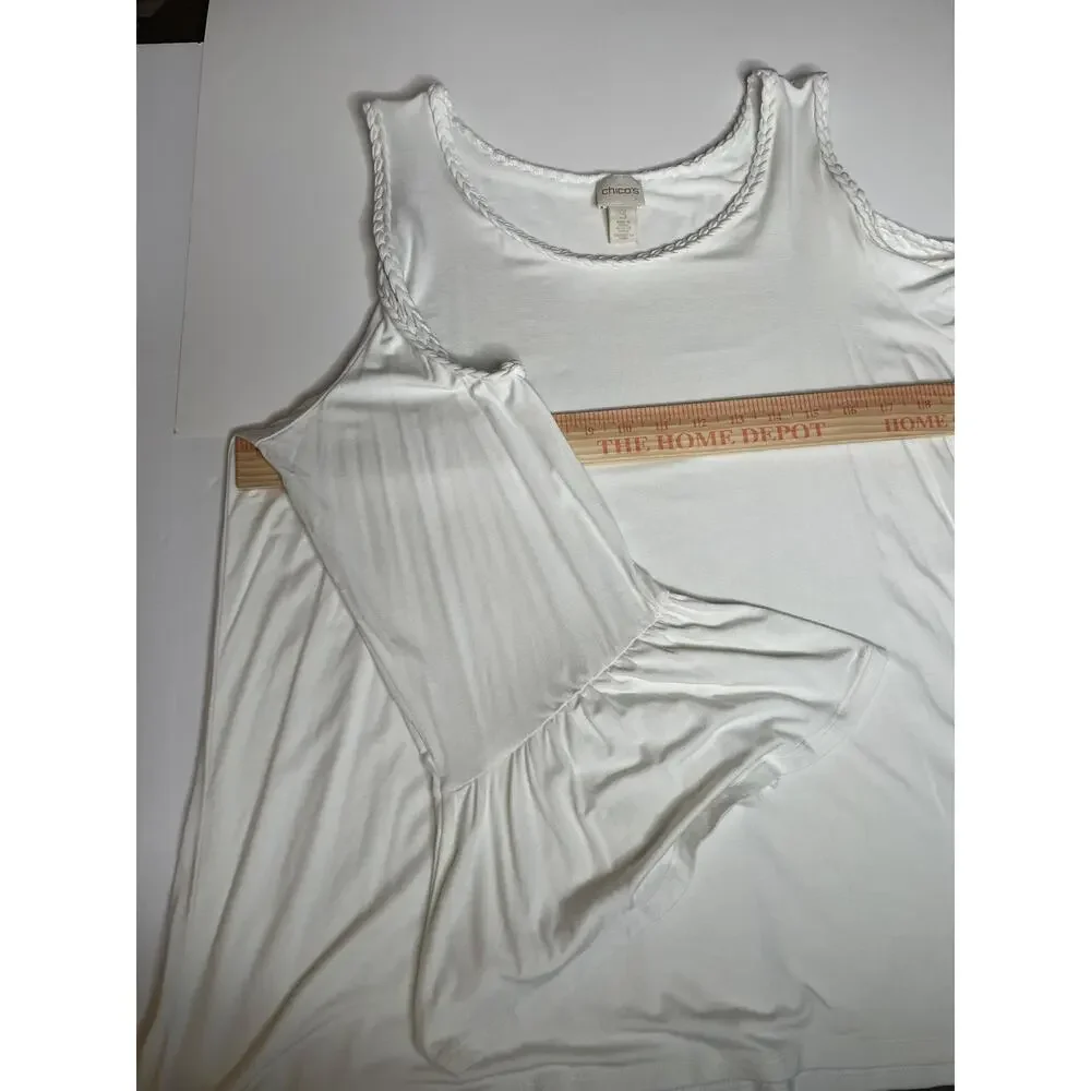 UGC Chico's White Cold Shoulder Bell Sleeve Blouse Braided Trim Boho Flowy Top L - Picture 9 of 9
